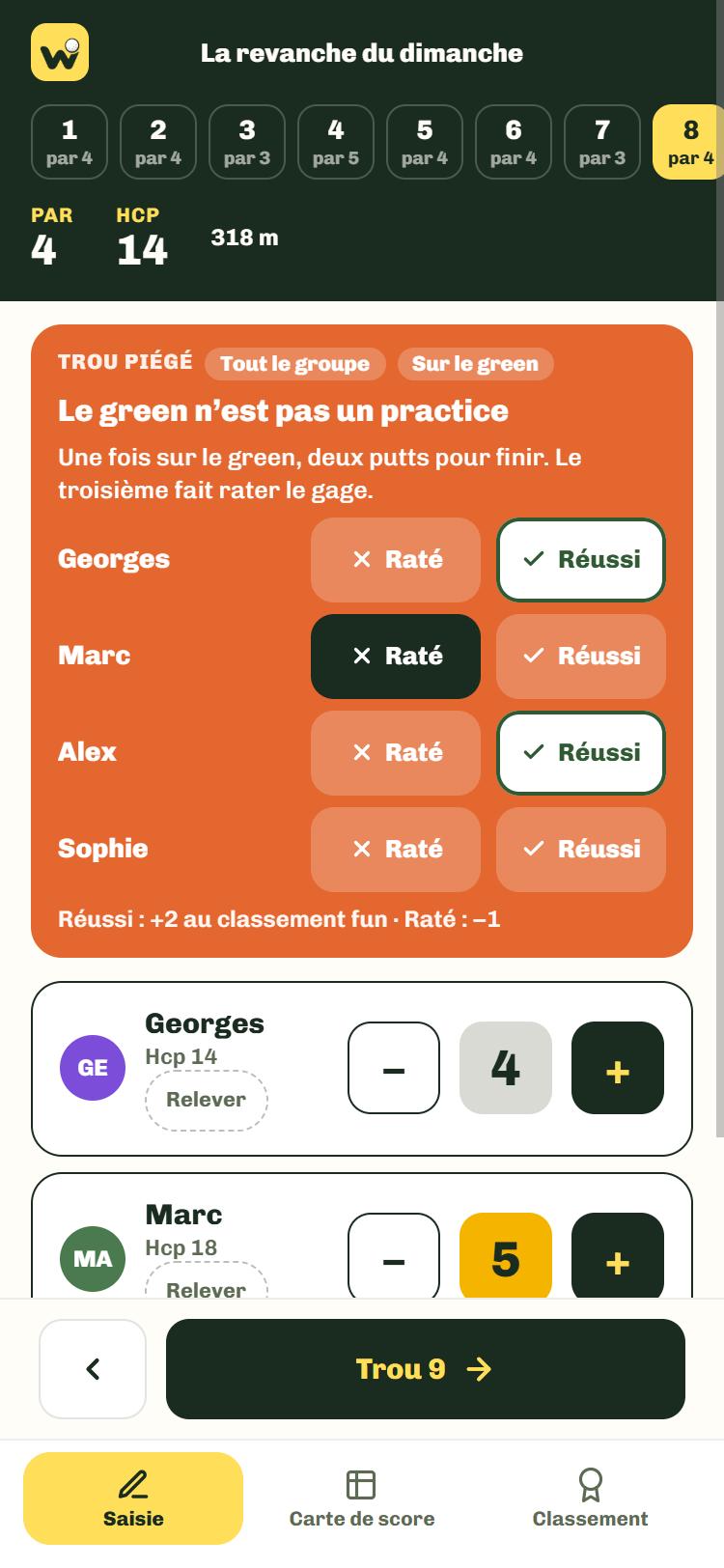 Saisie du trou 8 : un trou piégé « Le green n’est pas un practice », réussi ou raté pour chaque joueur, puis les scores.